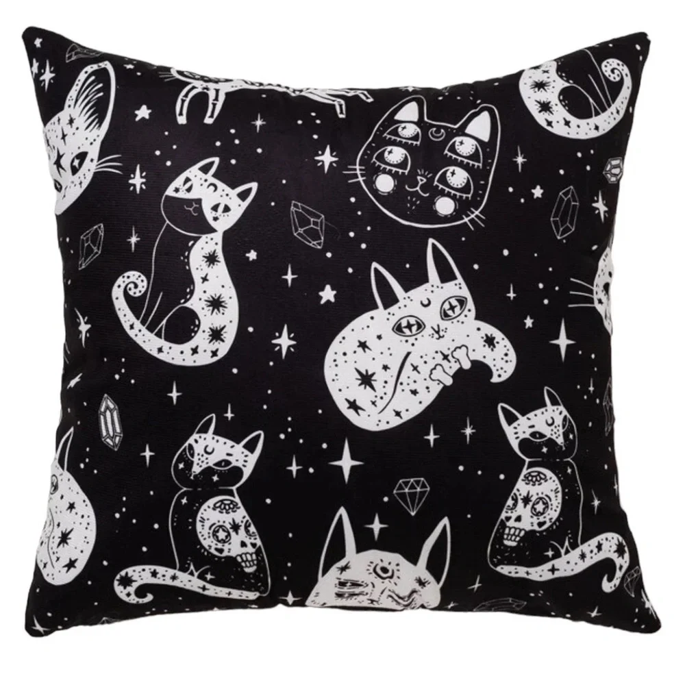 Pillow Cover Celestial Cat Moon Stars Black White Large Square 17.7 in